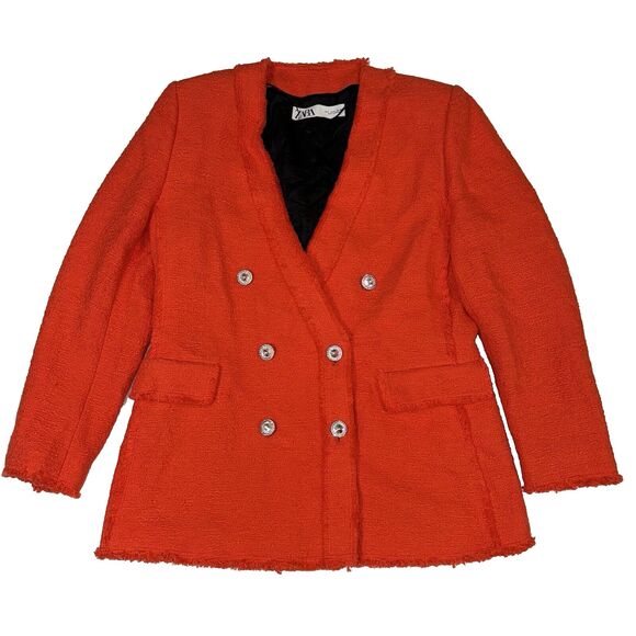Zara Orange Red Tweed Double Breast Blazer Diamond Button Trinny Blogger Women L - Picture 4 of 14
